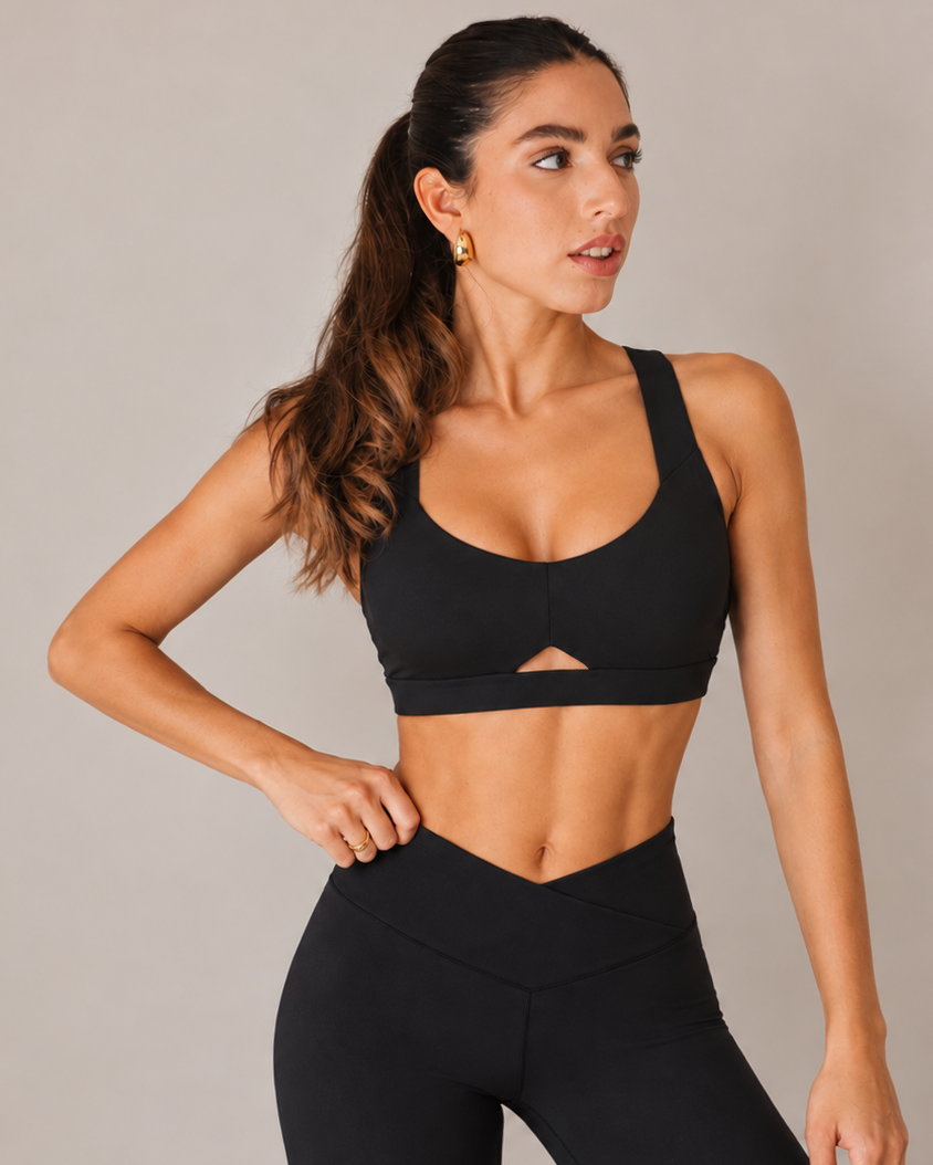 Women's Heart Neckline Sports Bra - Black | LuxeForm Medium Support